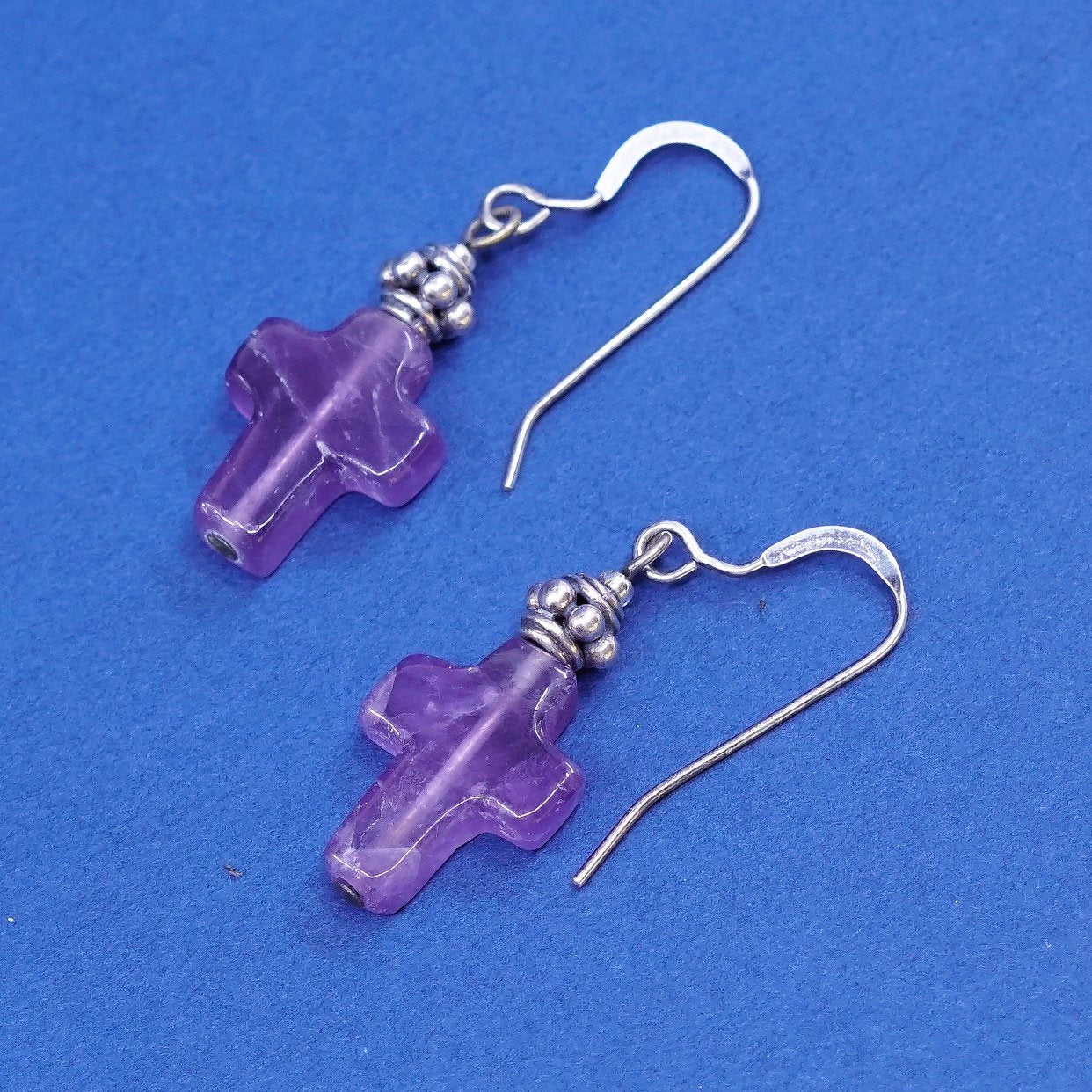 vtg sterling silver handmade earrings, 925 w/ amethyst cross dangles