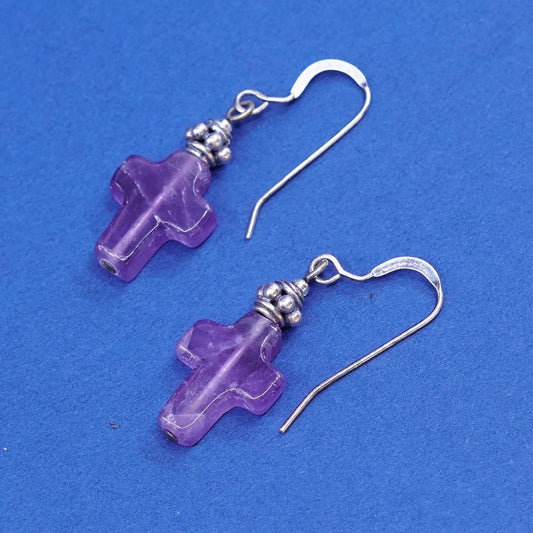 vtg sterling silver handmade earrings, 925 w/ amethyst cross dangles