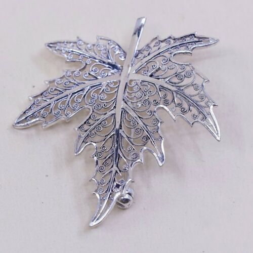 Vtg BRICKS Sterling Silver Handmade Filigree Maple Leaf Brooch Pin