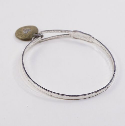 8”, Vtg Antique Silver Tone Bracelet Bangle With Brass Heart Charm