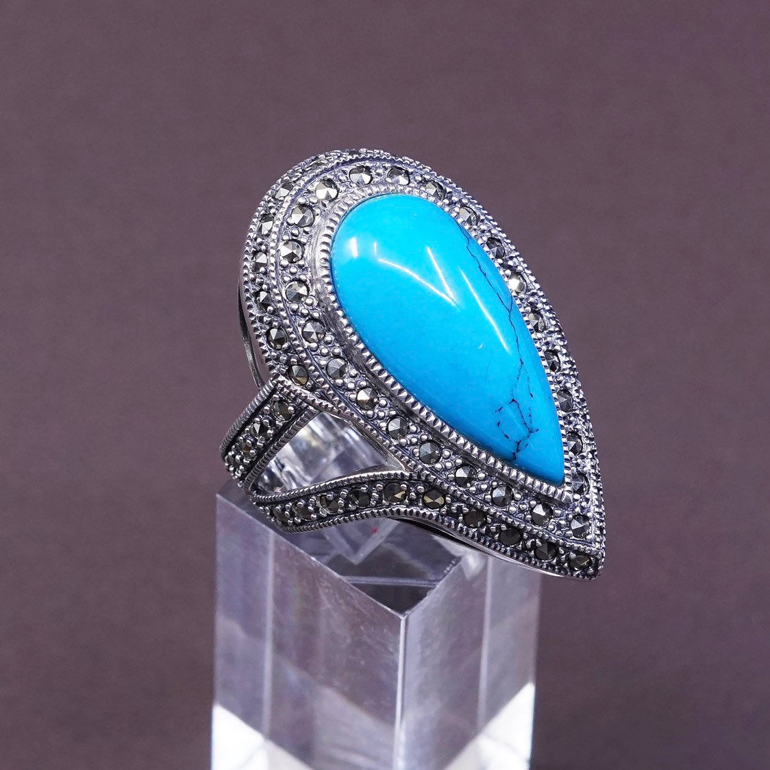 sz 7.25, Sterling silver handmade ring, 925 w/ teardrop turquoise and marcasite