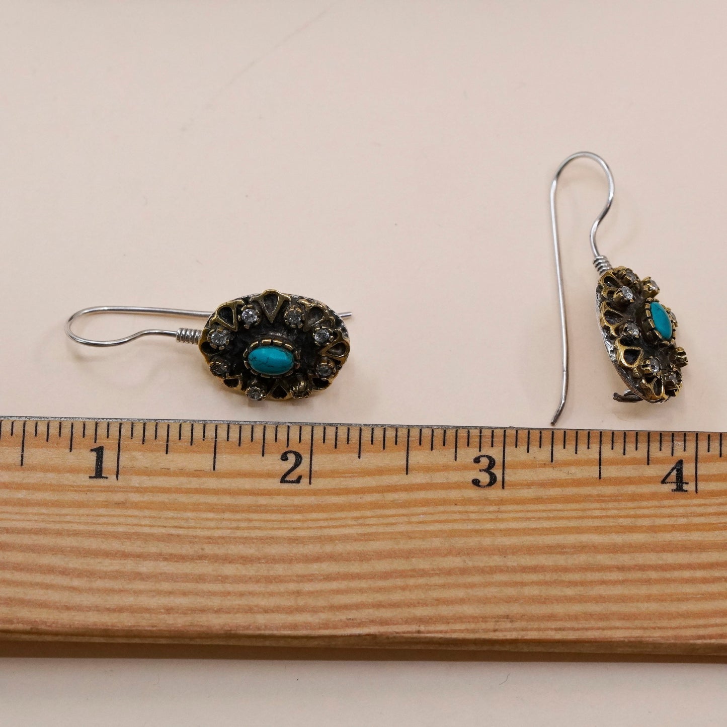 Vintage two tone sterling 925 silver handmade teardrop earrings w/ turquoise cz