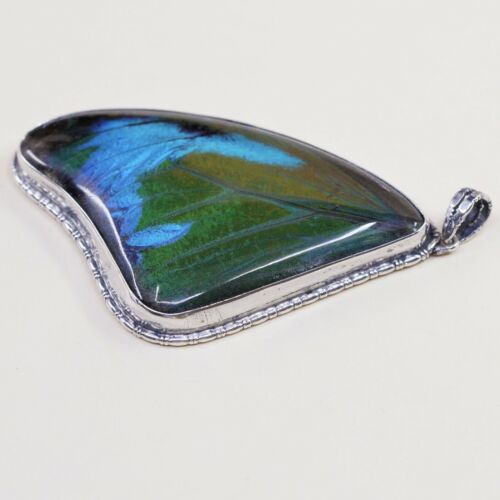 Vintage Sterling Silver Handmade Pendant, 925 With Resin Blue Butterfly Wing