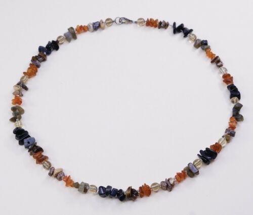 18" Vtg Sterling 925 silver handmade necklace W/ Nugget Amber N Jasper Beads