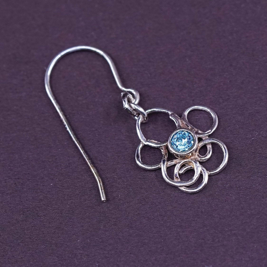 VTG Sterling silver handmade earrings, 925 swirl flower dangles w/ blue crystal