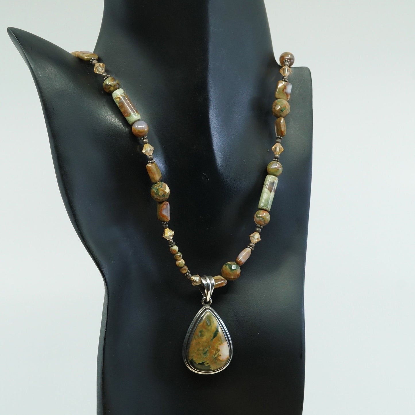 22”, sterling 925 silver handmade necklace unakite N agate beads teardrop agate