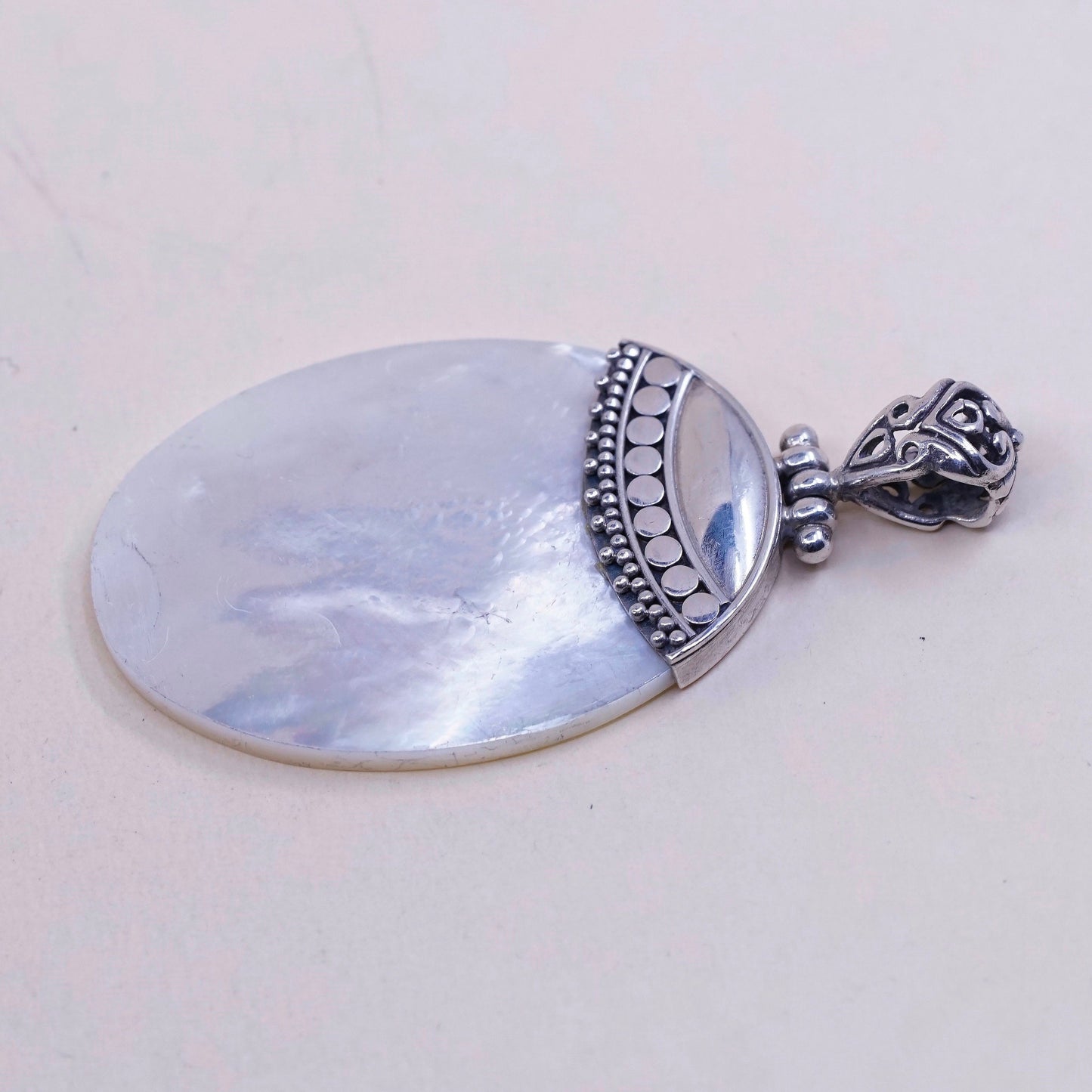 vtg sterling silver handmade pendant, 925 oval pendant with mother of pearl