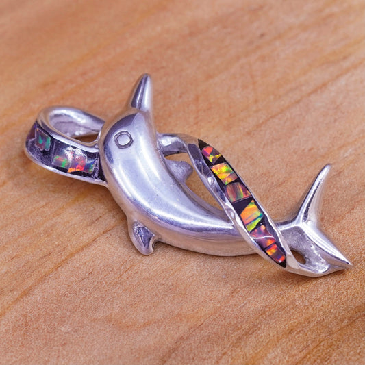 Vintage cardenas taxco 950 Sterling silver handmade dolphin pendant fire opal