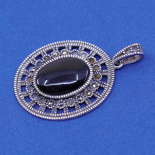 Vintage sterling 925 silver handmade pendant with oval obsidian and marcasite