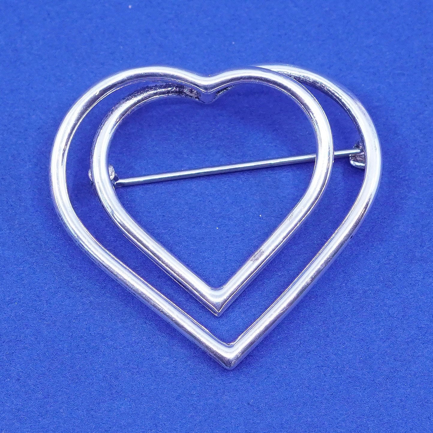 Vintage sterling silver handmade brooch, 925 double heart pin