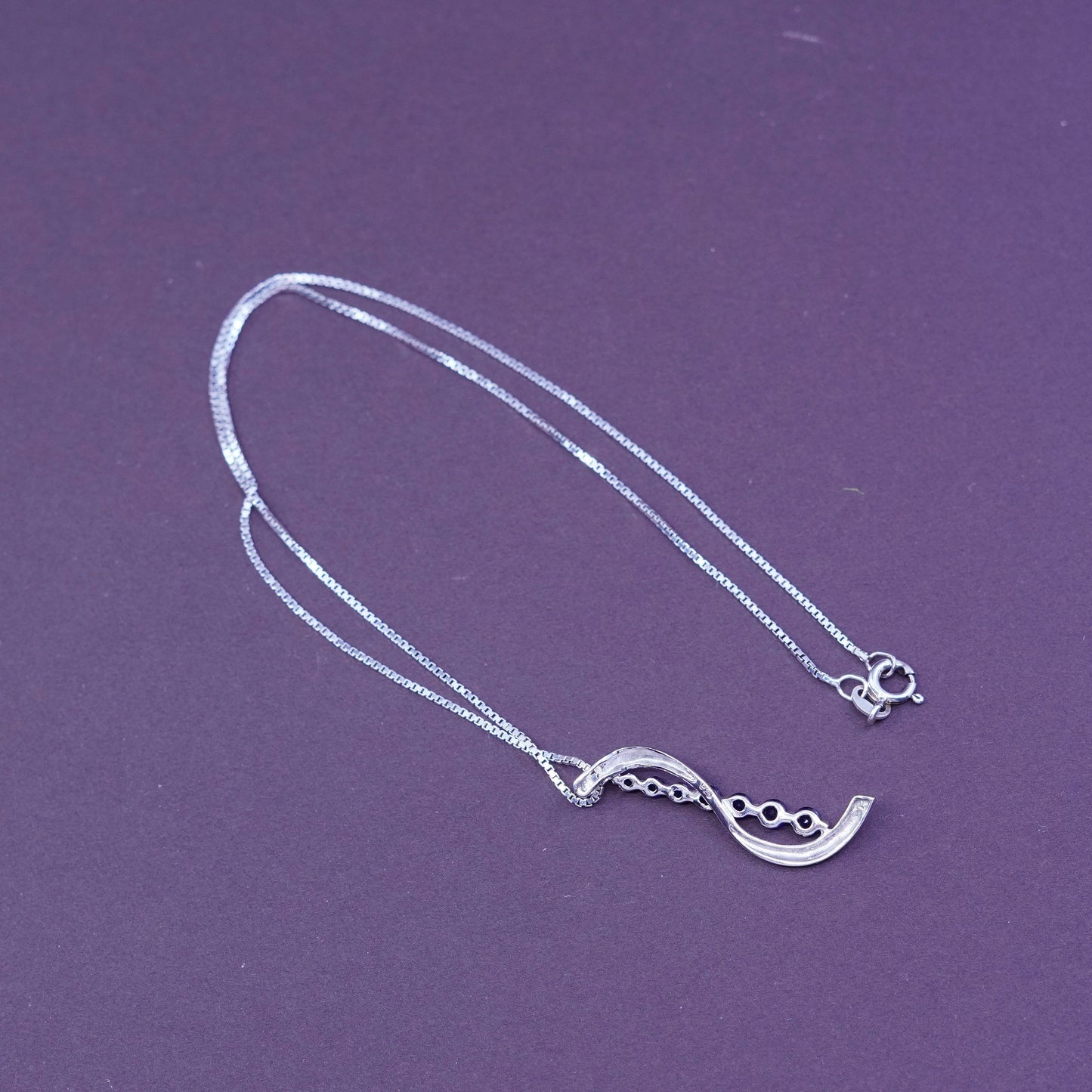 16”, Sterling silver necklace, 925 box chain with sapphire wavy pendant