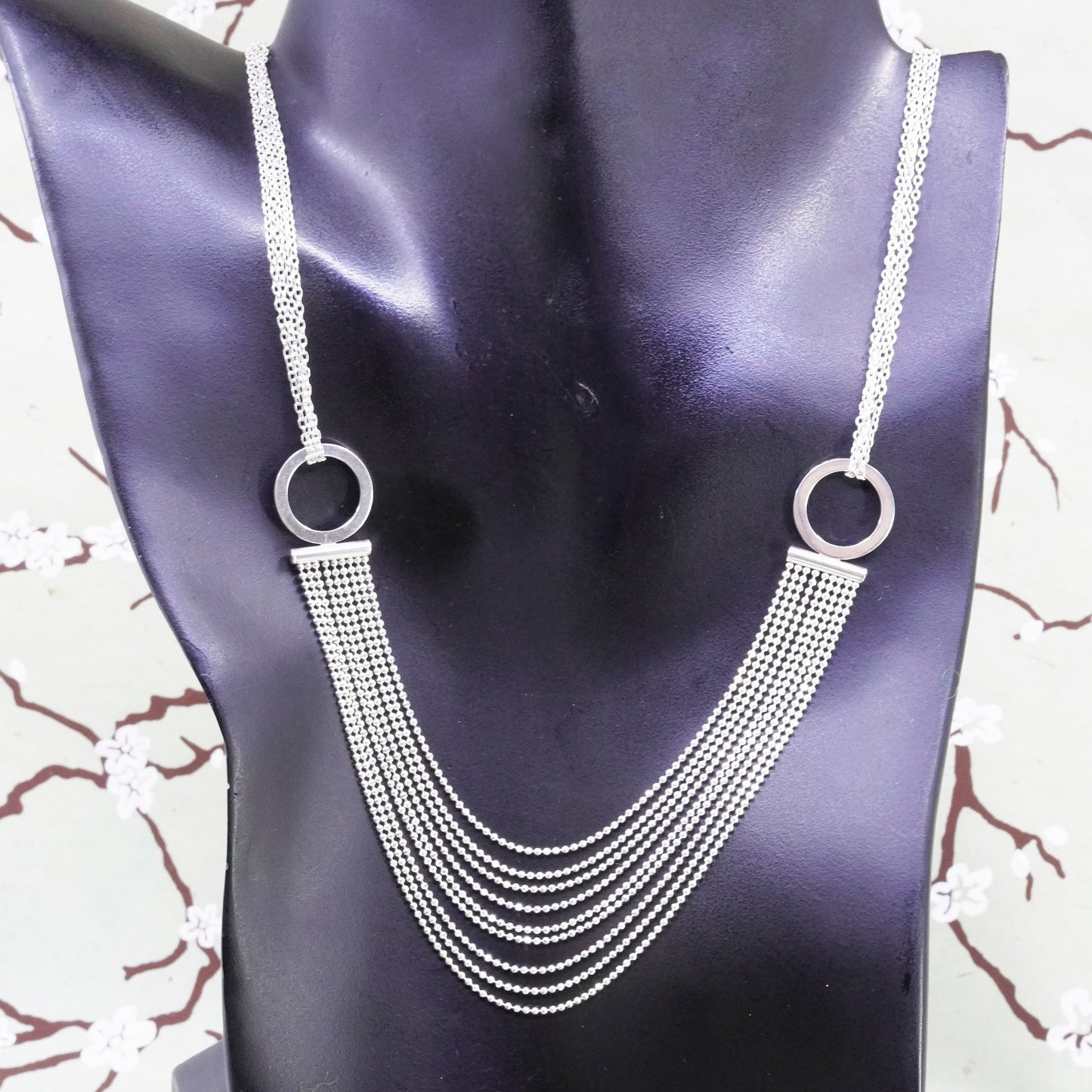 18+2”, Italy sterling 925 silver circle chain necklace w/ beads fringe pendant