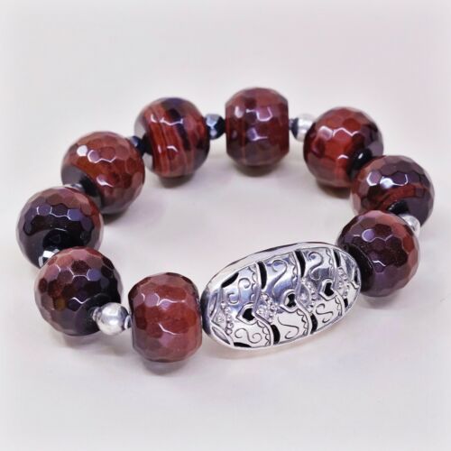 6.5”, Vtg Sterling 925 Silver Handmade Bracelet, Huge Golden Tiger’s Eye beads