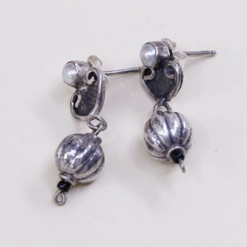 Vtg STERLING SILVER Handmade earrings with pearl N Beads dangles stamped 925