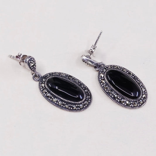 vtg Sterling silver handmade earrings, 925 drops w/ obsidian n marcasite