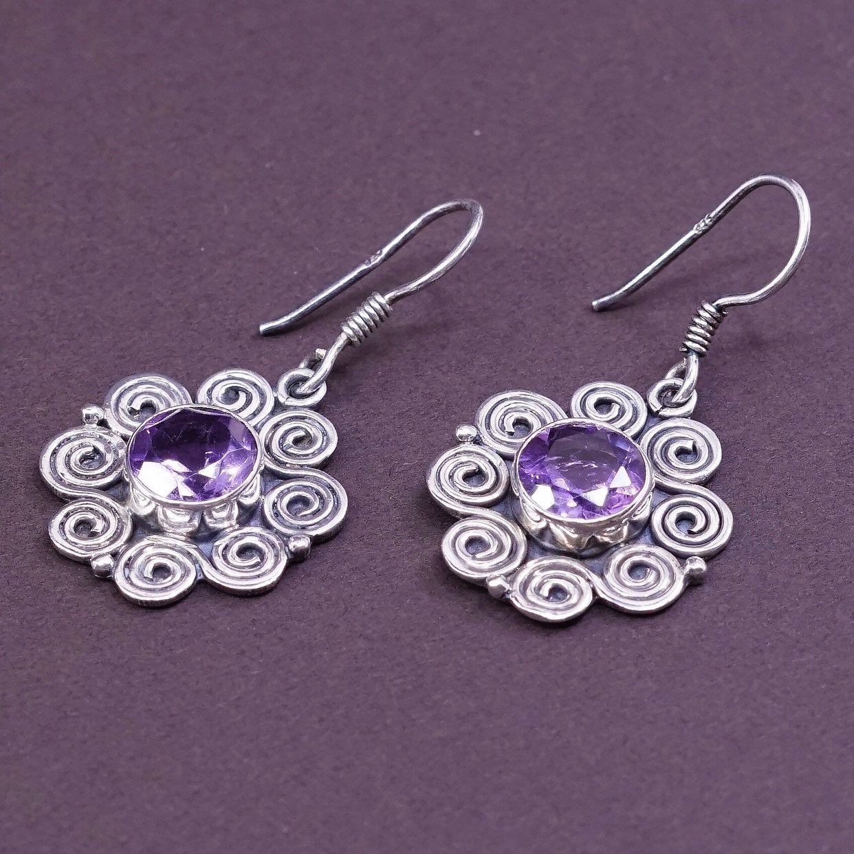 vtg Sterling silver handmade earrings, 925 swirl flower dangles w/ amethyst