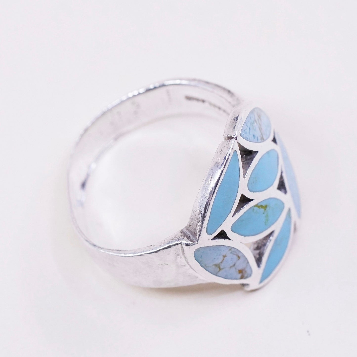 sz 8.5, vtg sterling 925 silver handmade ring with turquoise leaf, southwestern