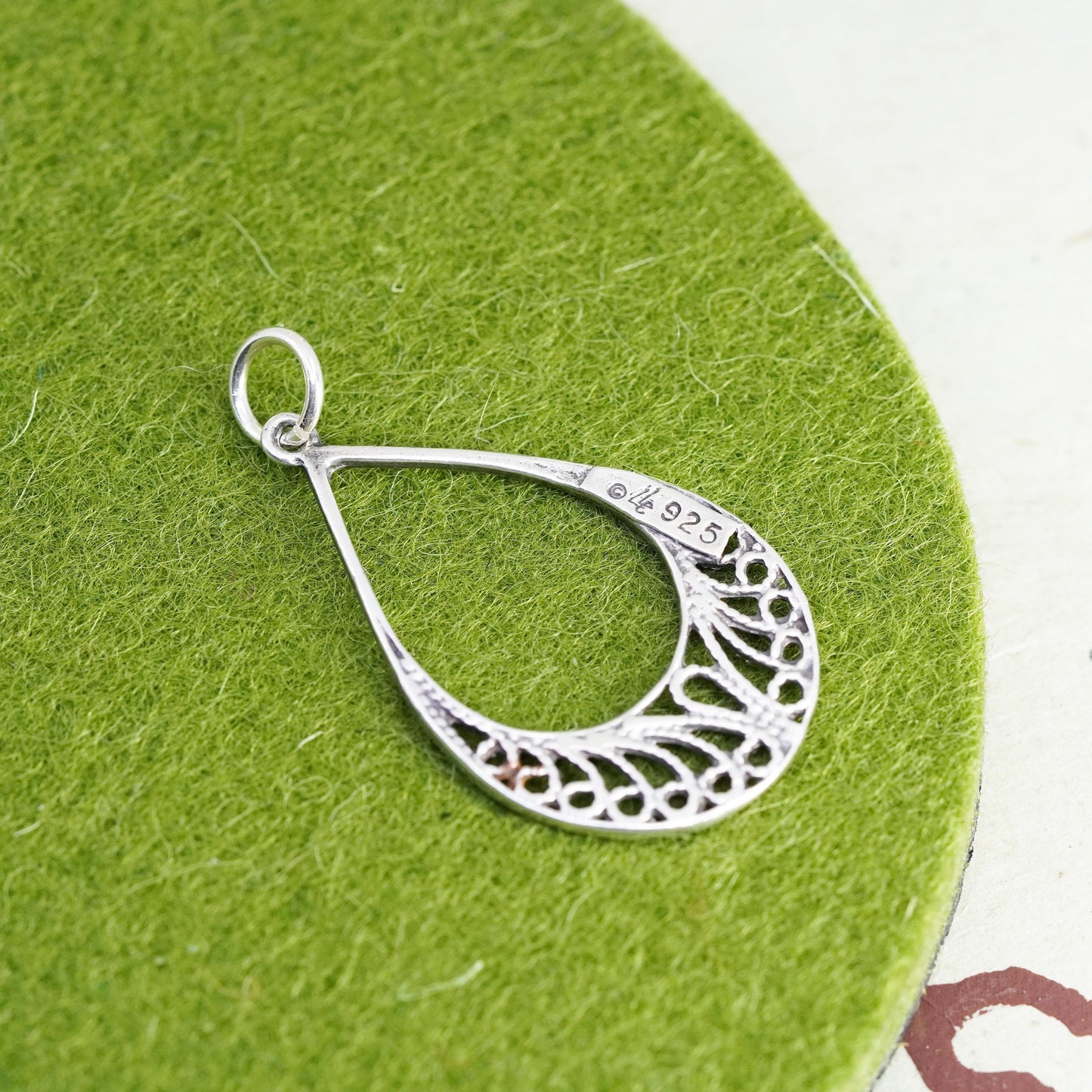 Vintage sterling silver handmade filigree pendant, 925 teardrop charm