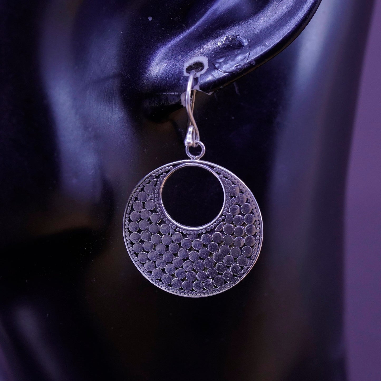Vintage Sterling silver handmade earrings, 925 bead textured disc