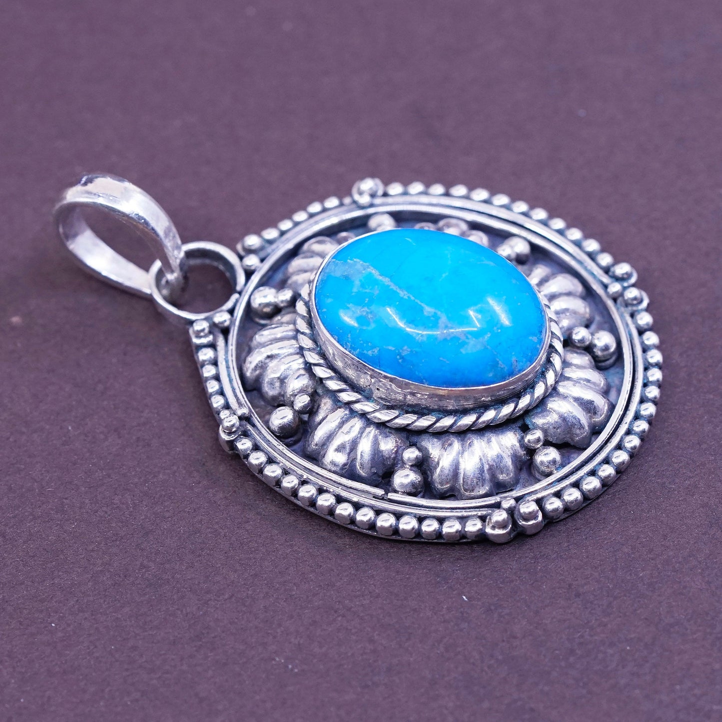 Vintage Sterling silver handmade pendant, 925 bali with oval turquoise