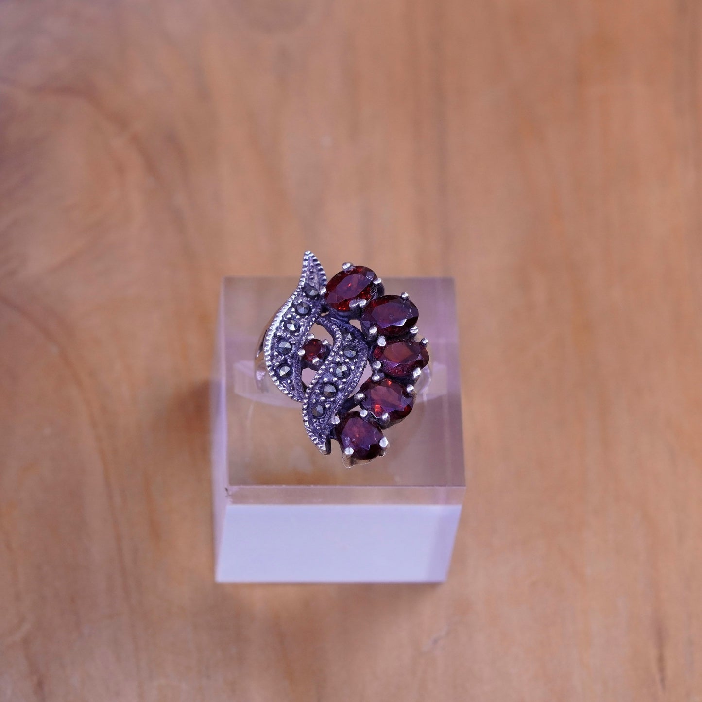 Size 10.5, vintage Sterling 925 silver handmade statement ring ruby marcasite
