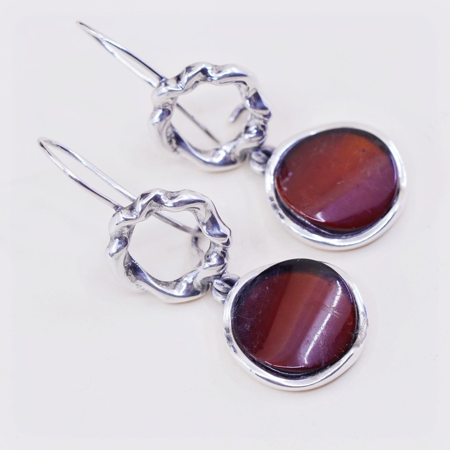 Vintage liquid Sterling silver handmade earrings, 925 circle with amber drops