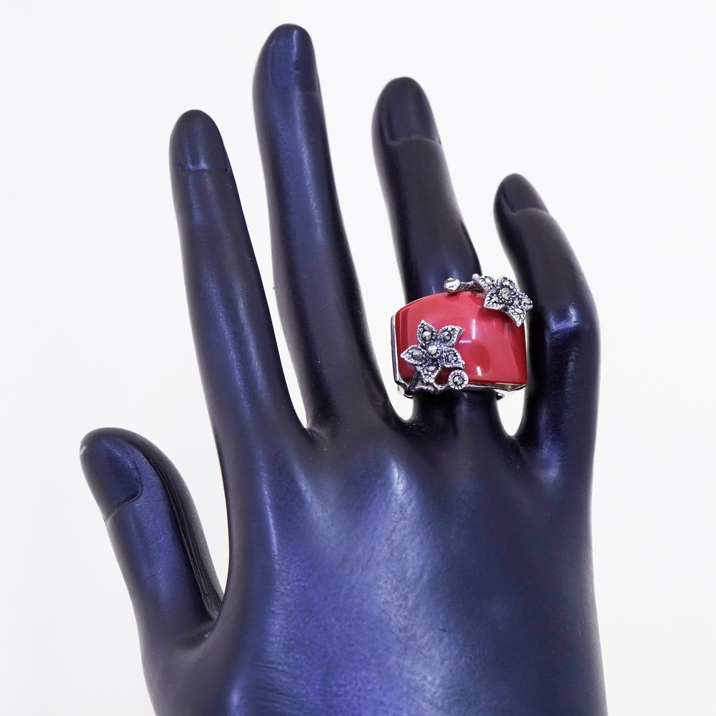 Size 5.5, Sterling 925 silver handmade statement red onyx ring marcasite flower