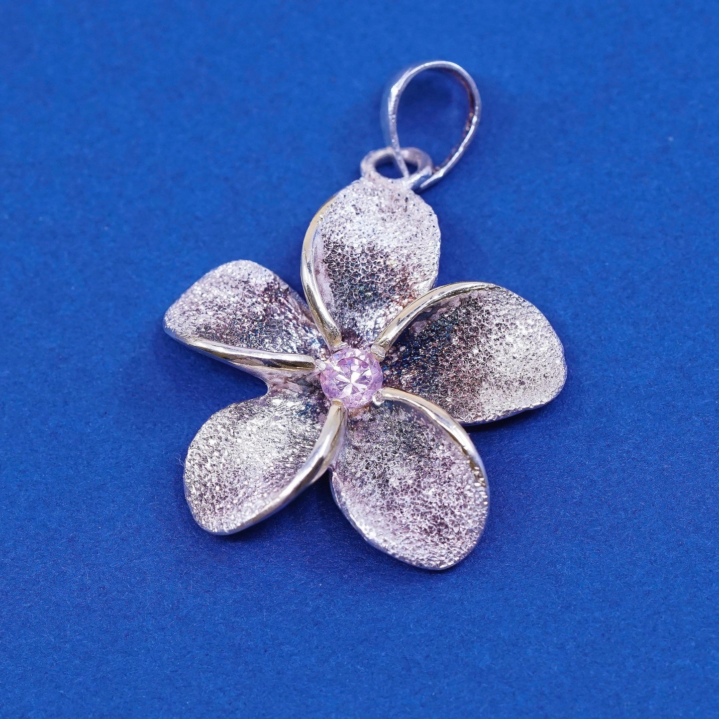 Vintage Sterling silver handmade pendant, 925 flower with pink, stamped 925