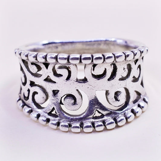 Size 7.5, vtg Sterling silver handmade ring, 925 wide band Filigree swirl beads