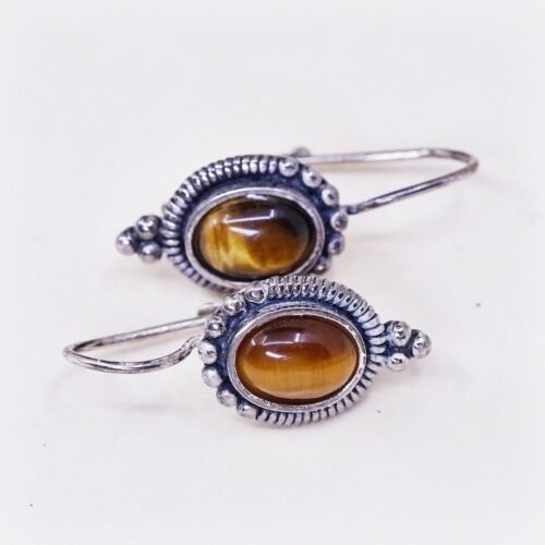 Vtg Sterling Silver Handmade Earrings, 925 Silver W/ Golden Tiger Eye