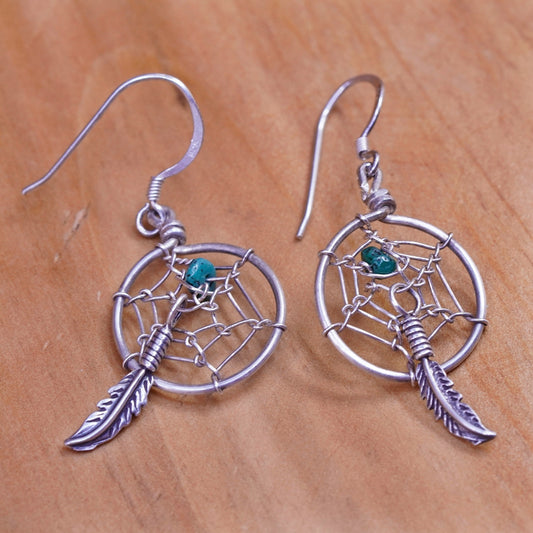 Vintage Sterling 925 silver handmade net earrings with turquoise and feather