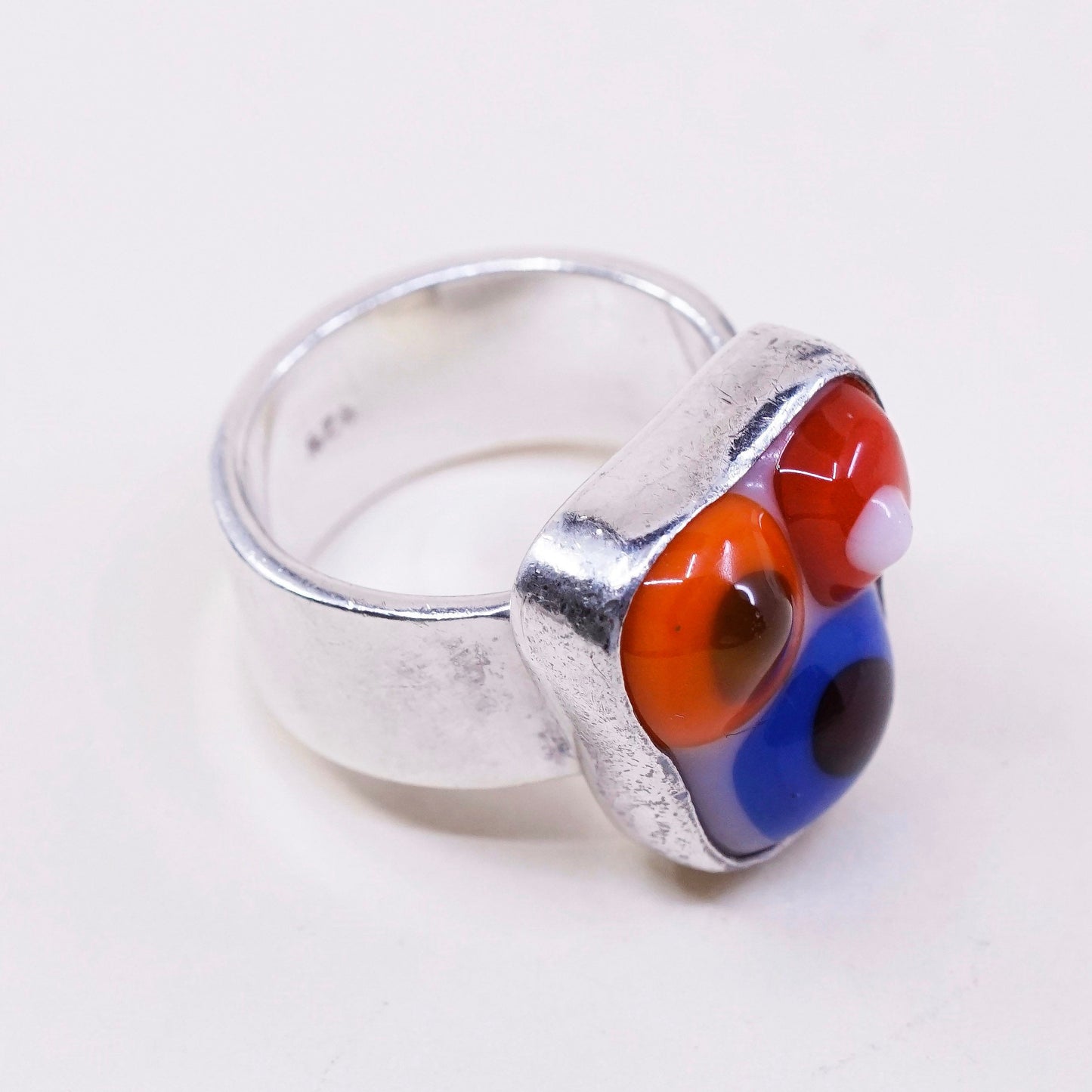 sz 7, vtg sterling 925 silver handmade ring w/ blue purple dots glass