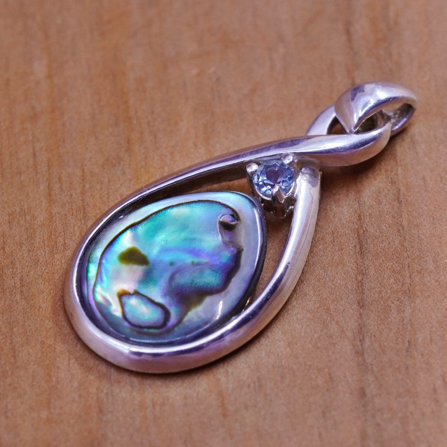 Vintage Sterling 925 silver handmade pendant with teardrop abalone and topaz