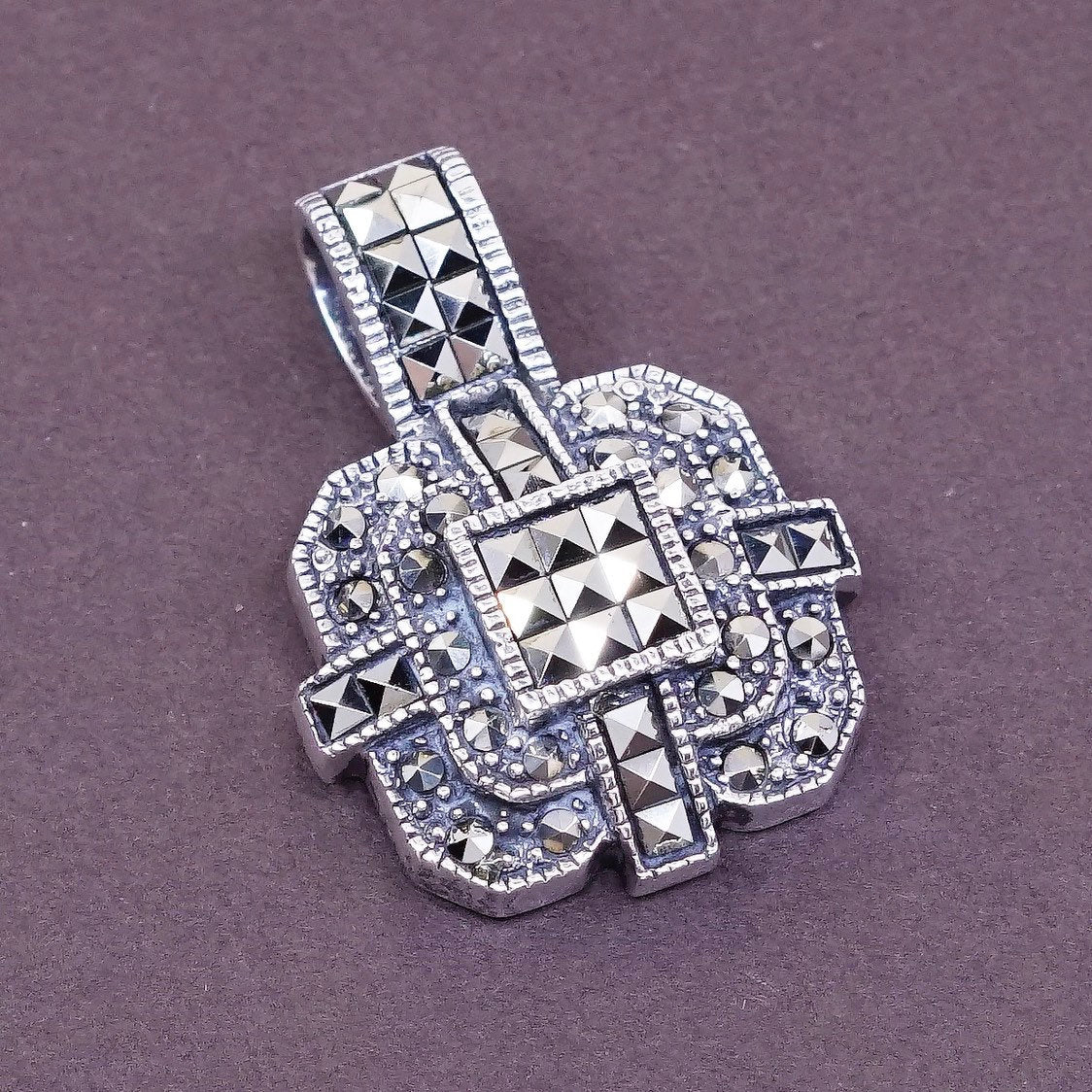 vtg Sterling silver handmade charm, square 925 pendant w/ marcasite n Crystal