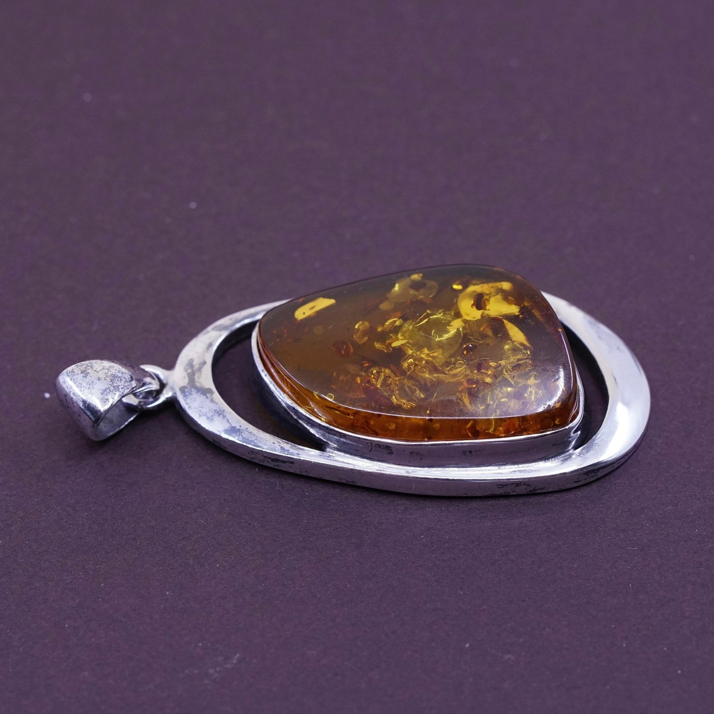 Vintage modern Sterling 925 silver handmade pendant with Amber pendant