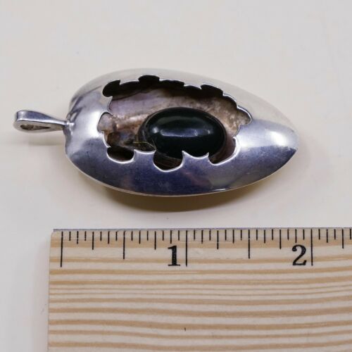 Vtg Sterling Silver Handmade Pendant solid 925 silver w/ Obsidian, stamped 925