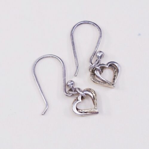 Vtg Sterling Silver Handmade Earrings, 925 Double Heart Dangles, Silver Tested