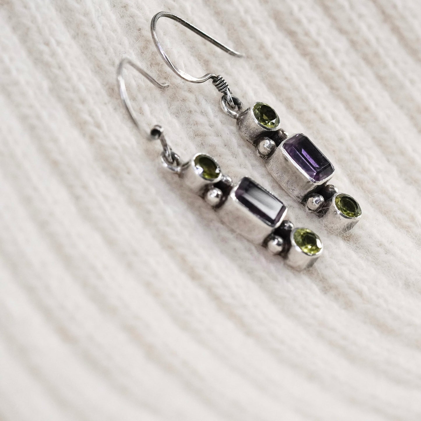 Vintage sterling 925 silver handmade earrings with amethyst peridot