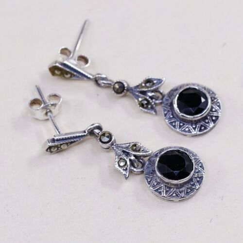 Vtg Sterling silver earrings w/ Obsidian Drop N Marcasite Details, 925