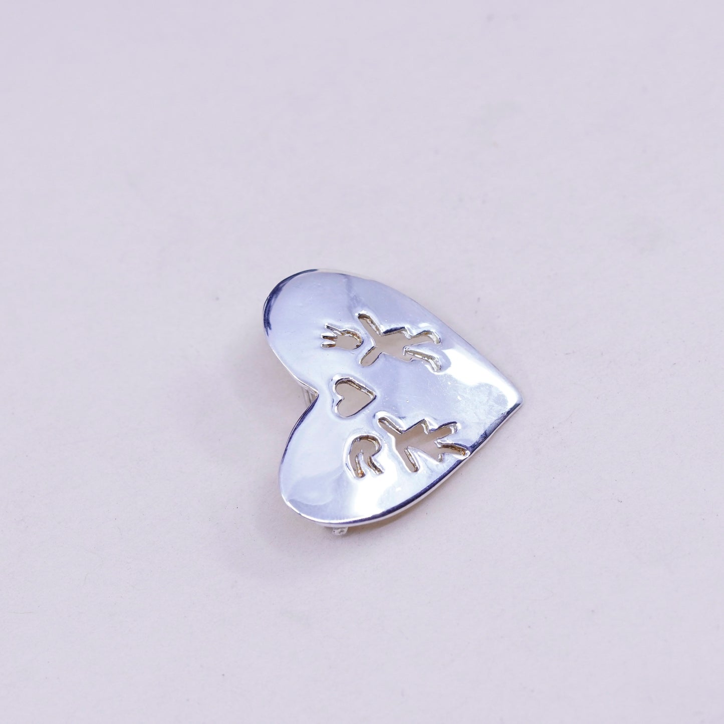 vtg Sterling silver handmade brooch, modern 925 heart pin with boy girl cut out