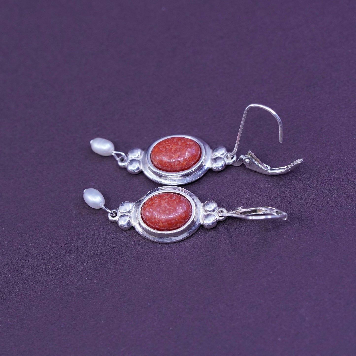 southwestern CCO Sterling 925 silver handmade earrings w/ oval coral and pearl