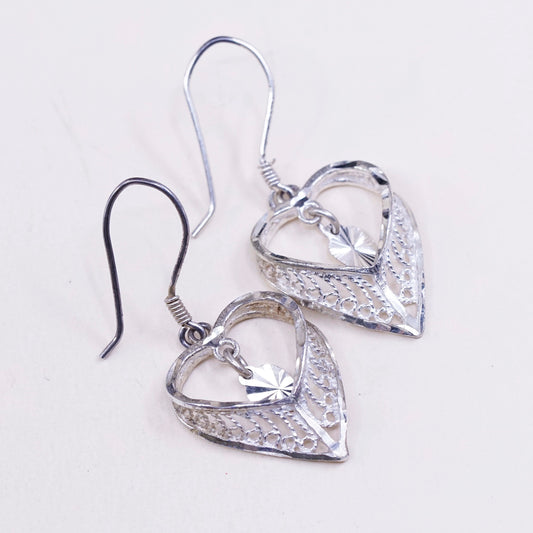 Vintage sterling silver handmade earrings 925 filigree heart