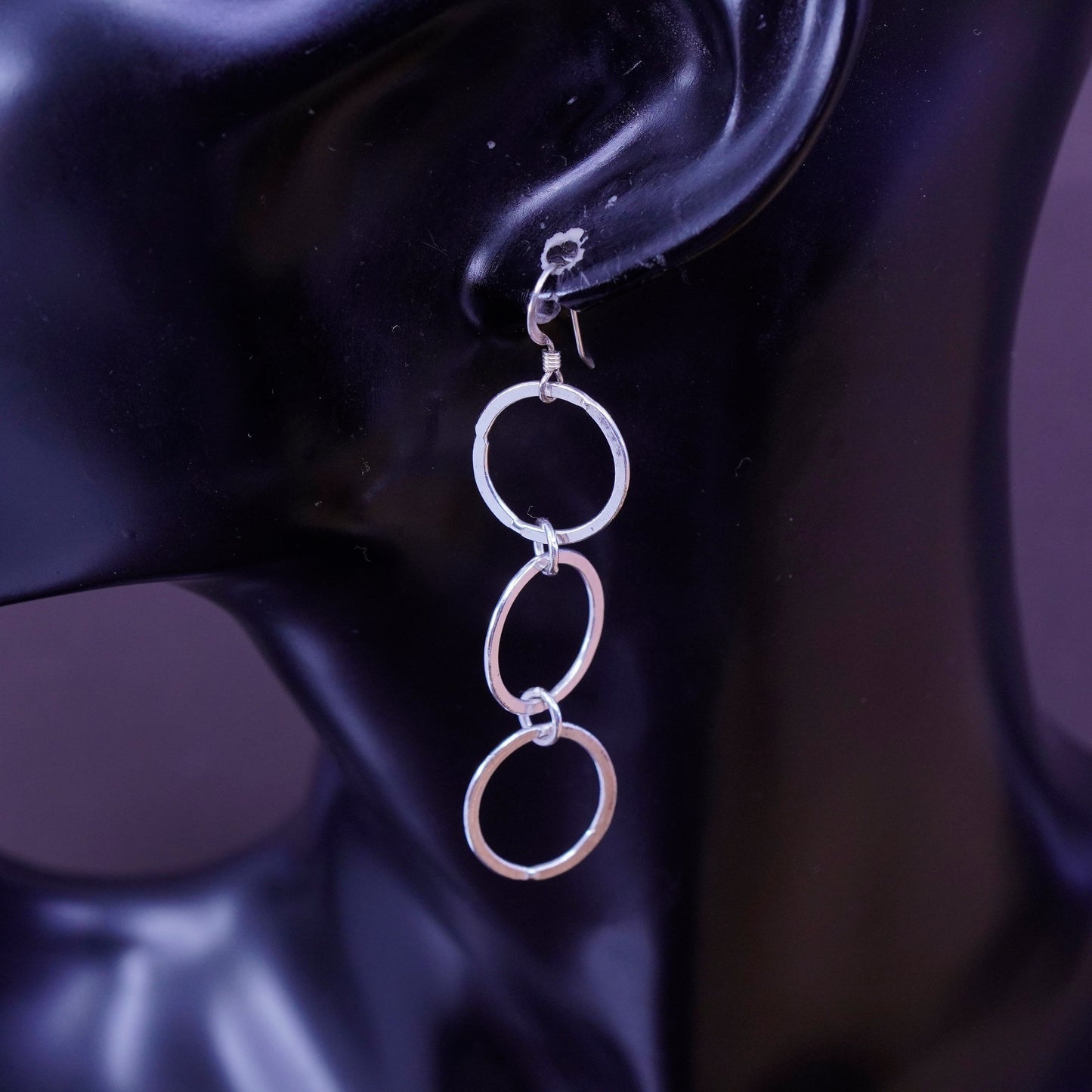 2” long, Vintage Sterling silver handmade earrings, 925 entwined circles dangle