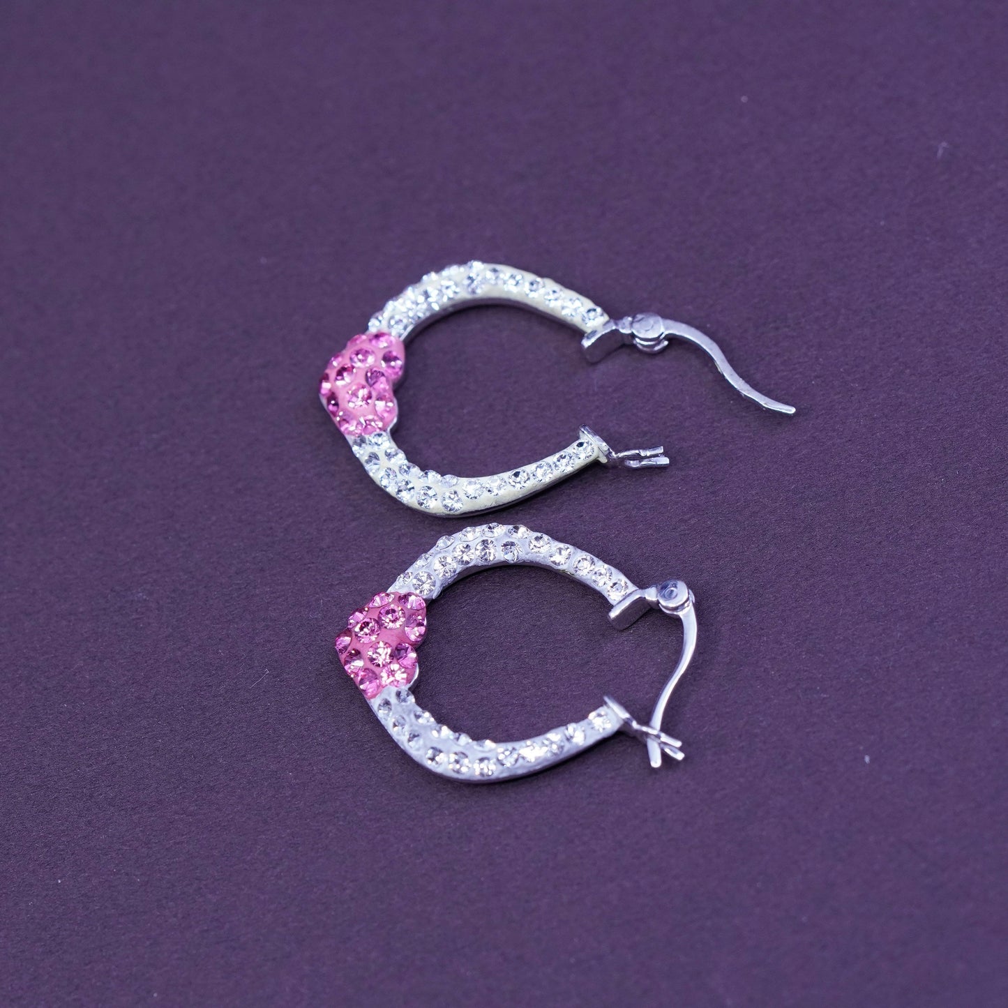 1”, AU Sterling silver handmade earrings, 925 heart hoops with cluster Crystal