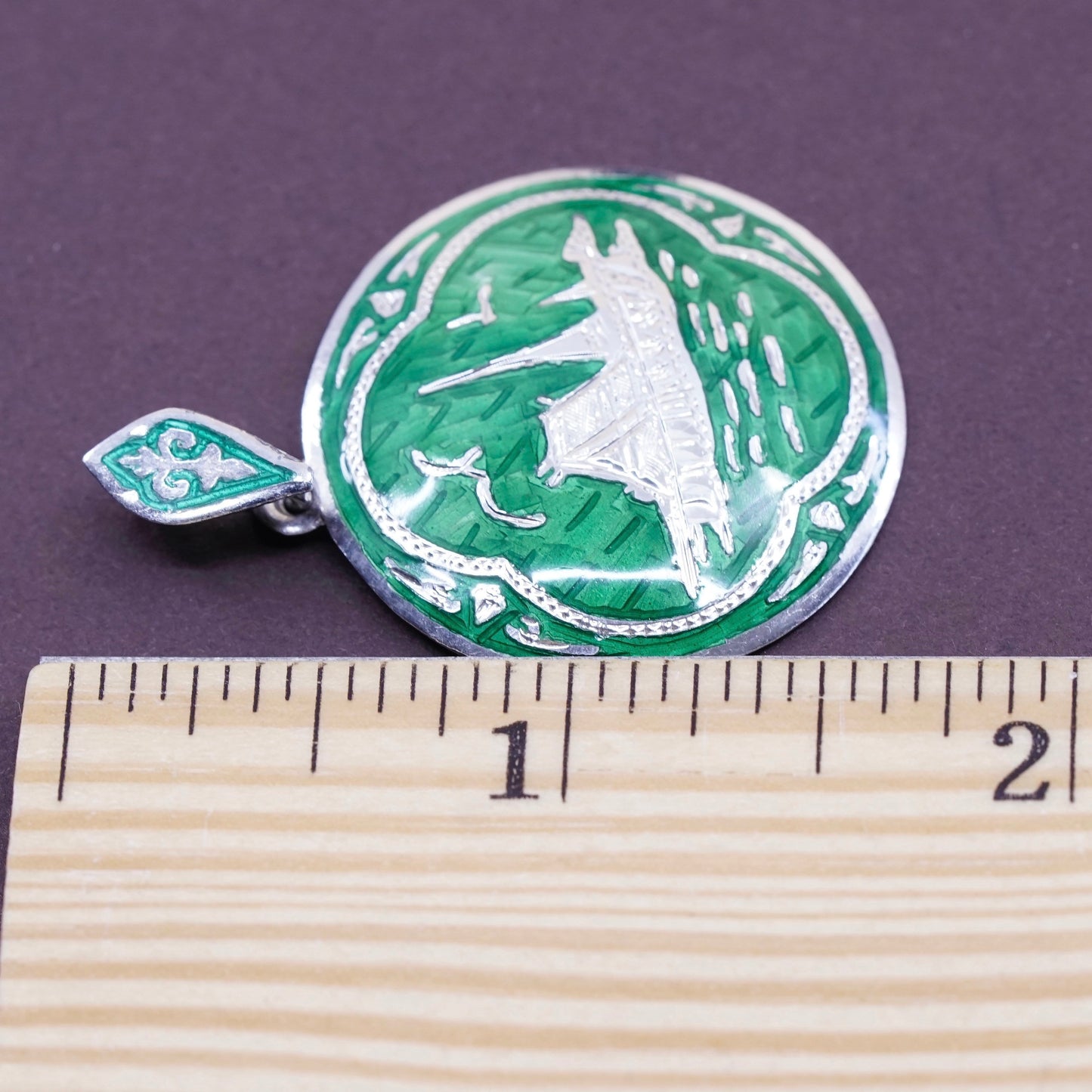 Vintage Siam Sterling 925 silver handmade landscape pendant with green enamel