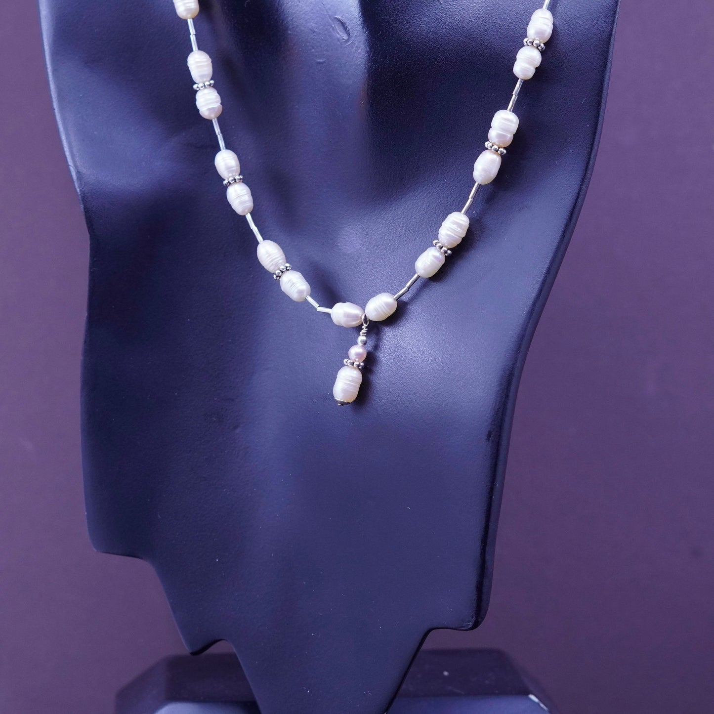 20”, vintage Sterling 925 silver handmade liquid silver necklace baroque pearl