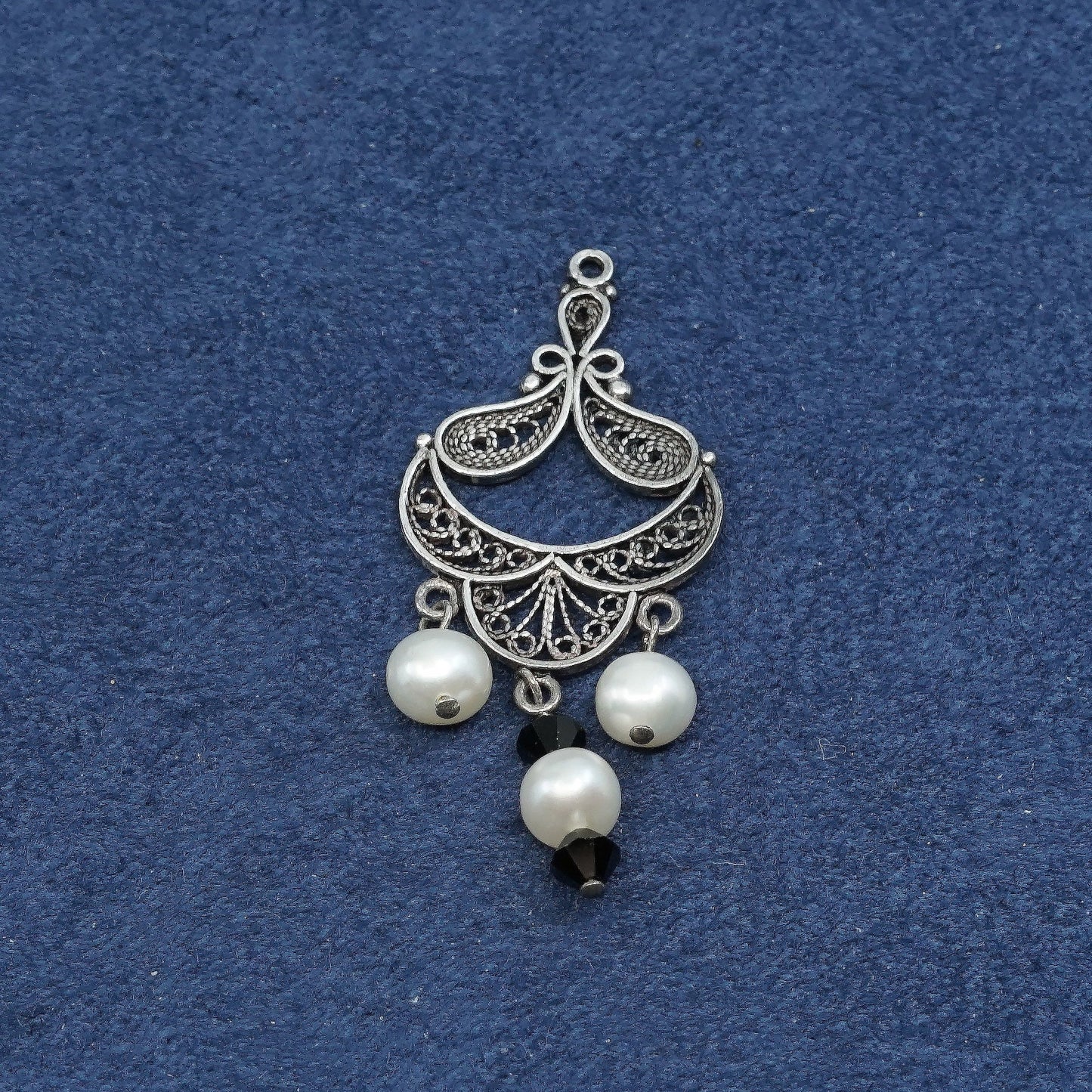 vtg Sterling silver handmade pendant, 925 filigree w/ pearl dangles