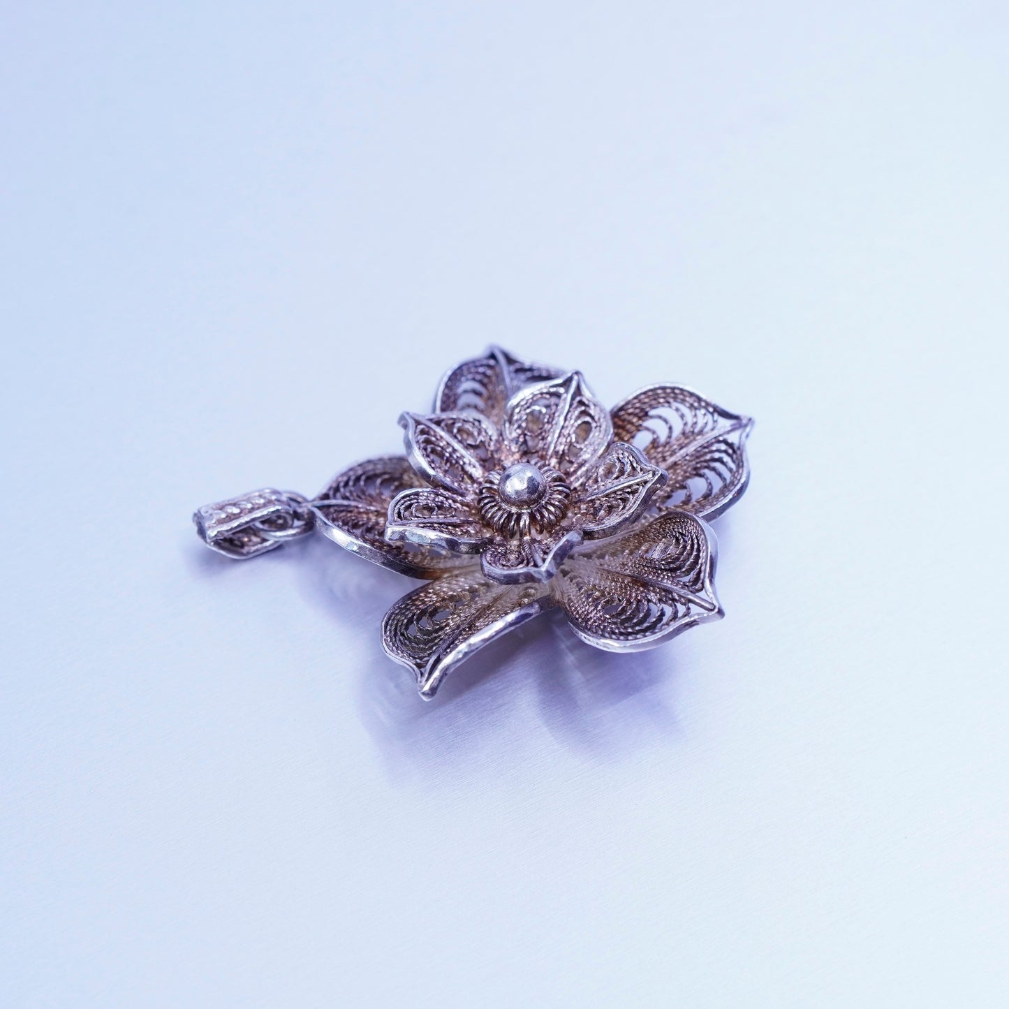 Antique BJ Sterling silver charm, 925 filigree flower pendant with beads