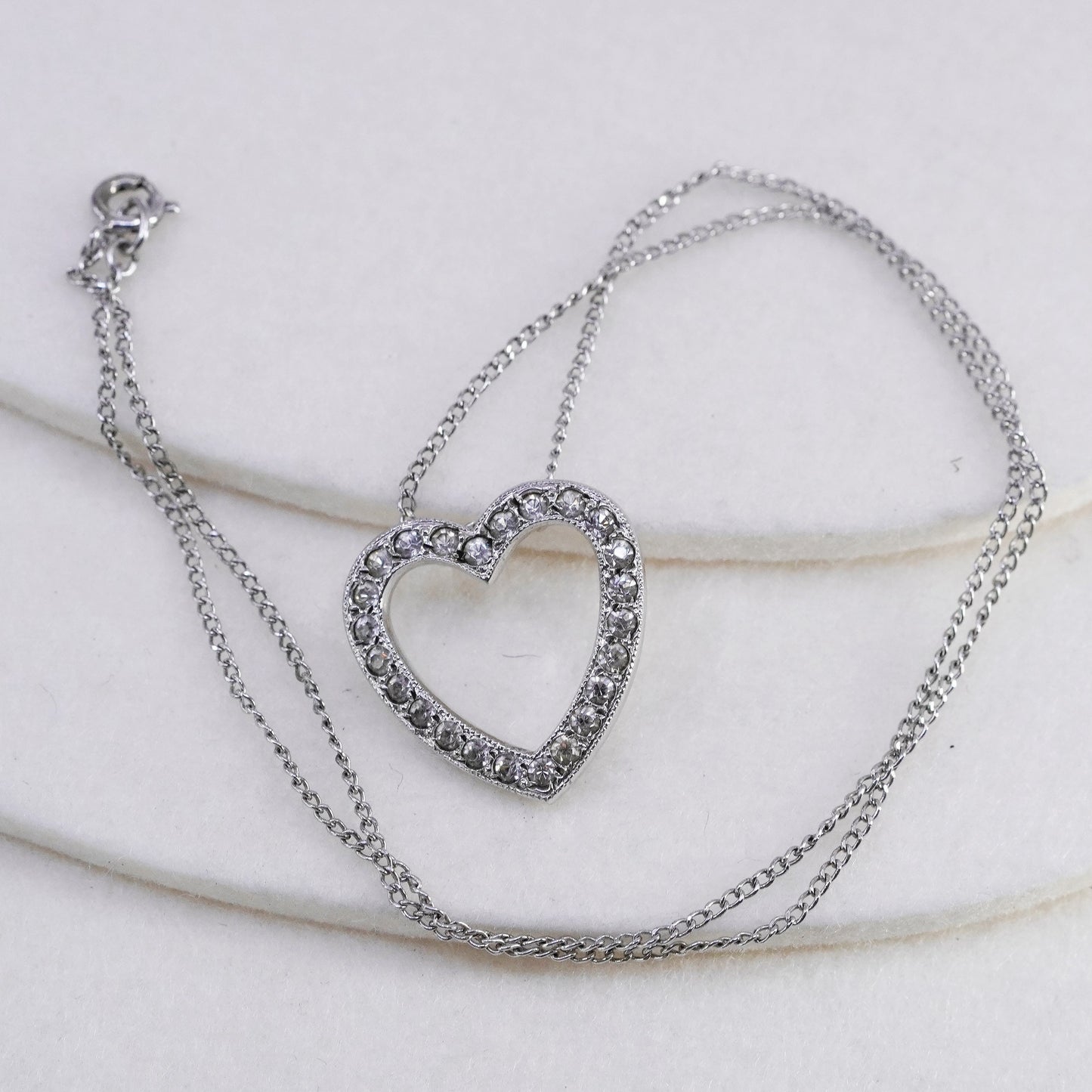 16”, vintage Sterling 925 silver handmade curb necklace with cz heart pendant