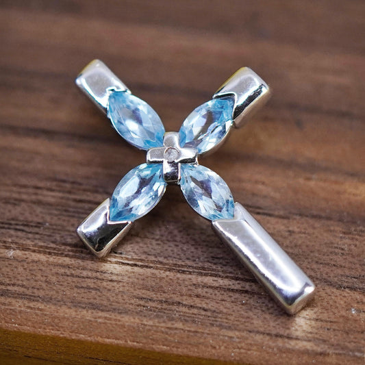 vtg Sterling silver handmade pendant, 925 cross with blue Cz inlay, Christian